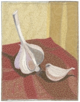 Deidre Scherer, "Garlic on Red", 2023, thread on fabric, 9 x 7" -SOLD