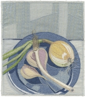 Deidre Scherer, "Onion and Garlic on Blue", thread on fabric, 10 x 9 inches  SOLD