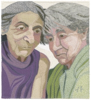 "Long Friendship", thread on fabric, 2025, 13.5 x 12.5 inches