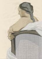 "Facing Away"22.5 x 31.5", frame: 23 x 32"Thread on layered fabric, Deidre Scherer, 2022