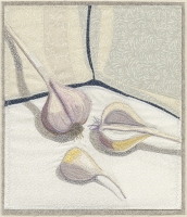 Deidre Scherer, "Garlic on White", thread on fabric, 2025, 10 x 8.5 inches