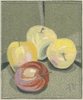 Deidre Scherer, "Three Yellow Apples, One Red", thread on fabric, 2025, 11 x 9 inches