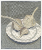 Deidre Scherer, "Woven Heroic Garlic", paper construction, 11 x 9.5", 2023