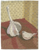 Deidre Scherer, "Woven Garlic on Red", paper construction, 9 x 7", 2023